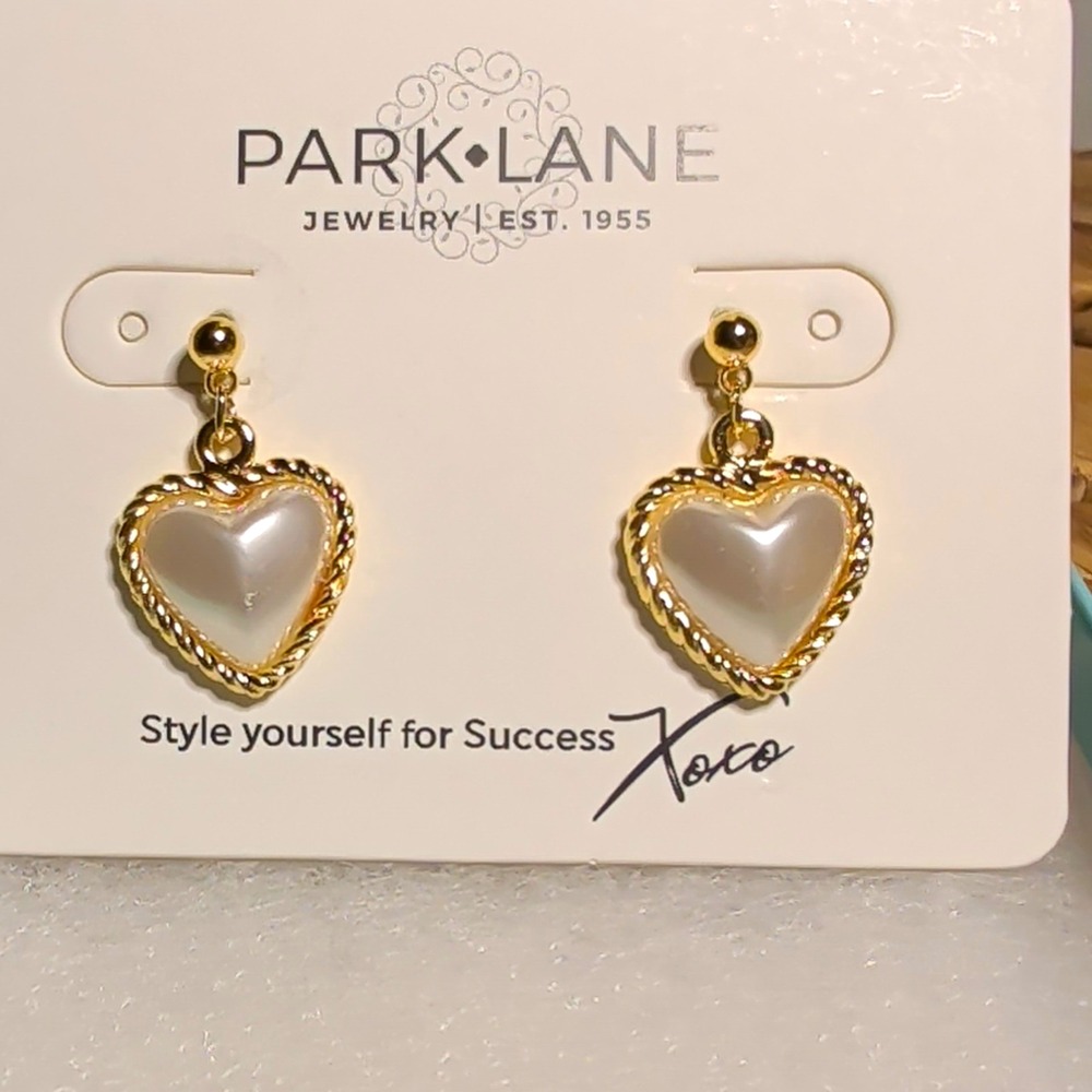 Park Lane Gold Tone Heart White Simulated Pearl Dangle Drop Earrings